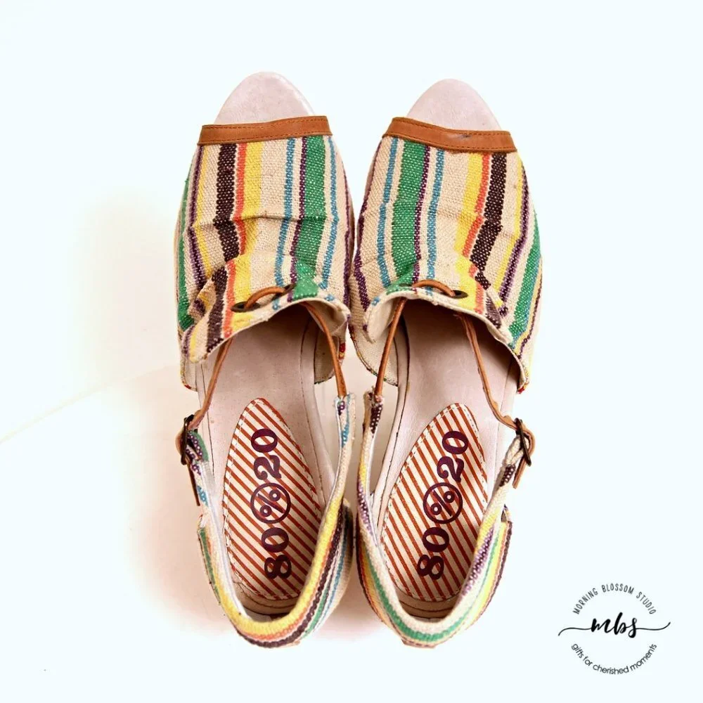 80%20 Muticolor Striped‎ Wedge Sandals Women Size 8